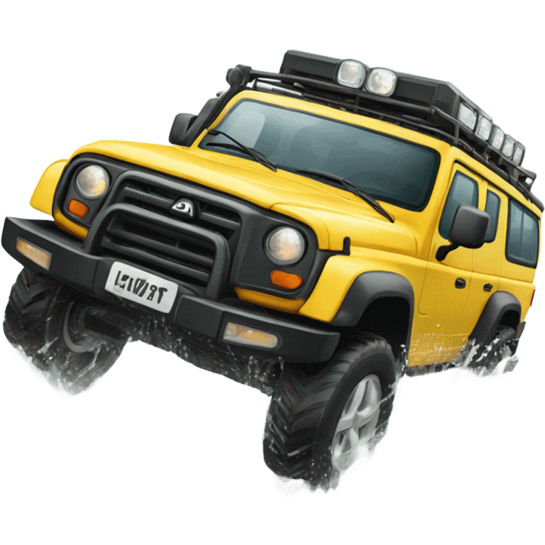 A four-wheel drive crossing a shallow river in a rainforest, with trees in the background and splashing water, representing versatility and strength. emoji