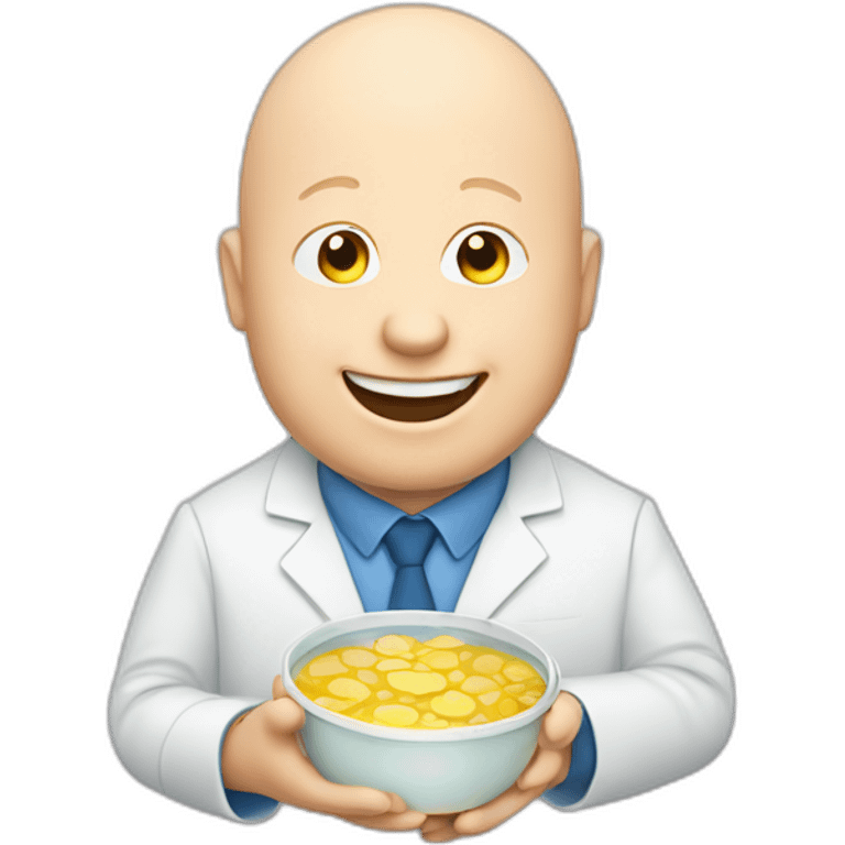 Matt Lucas holding a petri dish and smiling emoji