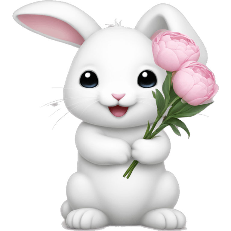 cute white bunny holding light pink peonies emoji