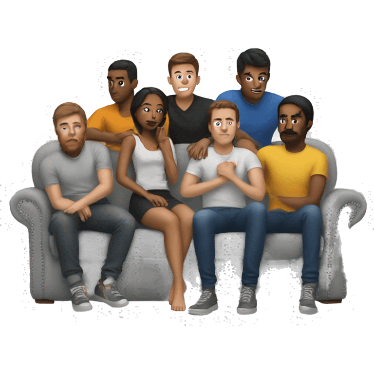 Girl on a couch surrounded by 6 guys emoji