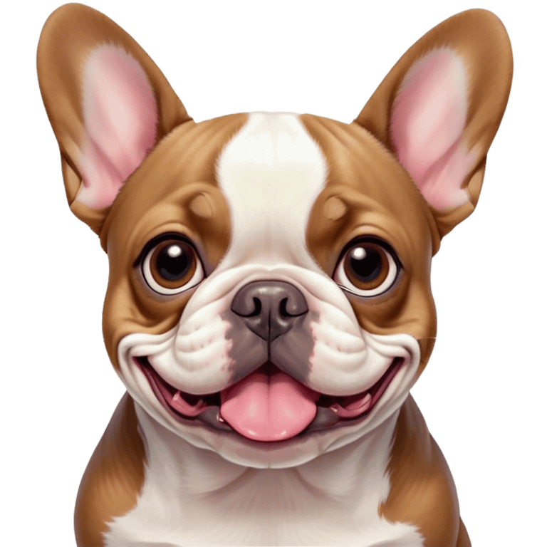 Cinematic Comical Pied French Bulldog Portrait Emoji, Head tilted with an exaggeratedly shocked, comical expression and wide, humorously expressive eyes, showcasing a distinctive pied fur of contrasting hues and a charmingly goofy face, simplified yet hilariously detailed, glowing with a sassy, playful radiance, high shine, exuding a mischievous and meme-worthy charm, styled with a soft glowing outline, capturing the essence of a Pied French Bulldog that looks ready to spark a viral laugh! emoji