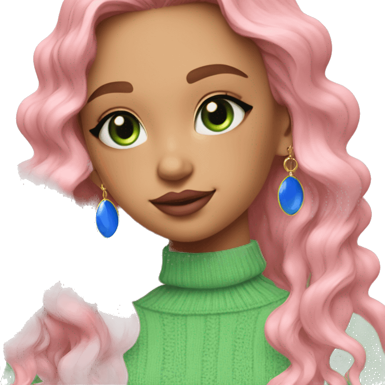 girl pink sweater pink lipstick green eyes blue earrings pink nails golden wavy long hair full body emoji