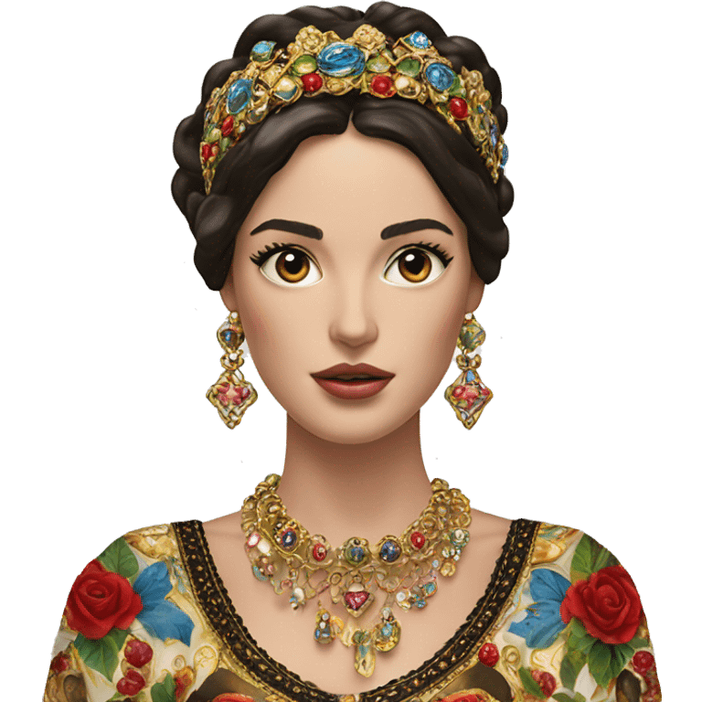 Dolce and Gabbana Italian model with dark hair and headband with colourful ornament and golden detais  emoji