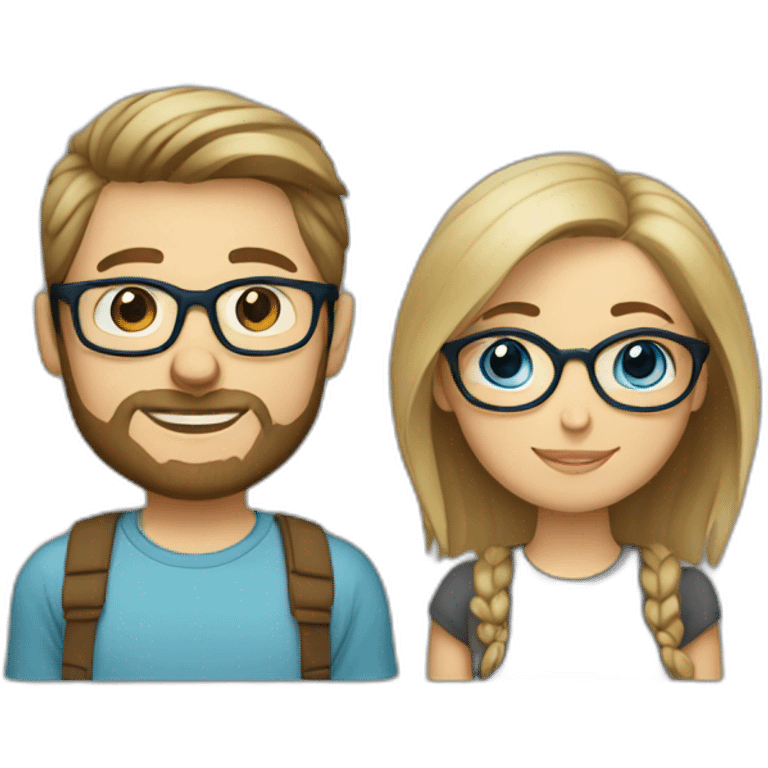 Couple in love. She has brown hair, blue eyes and wears glasses. He has short blond hair, three day beard and wears glasses emoji