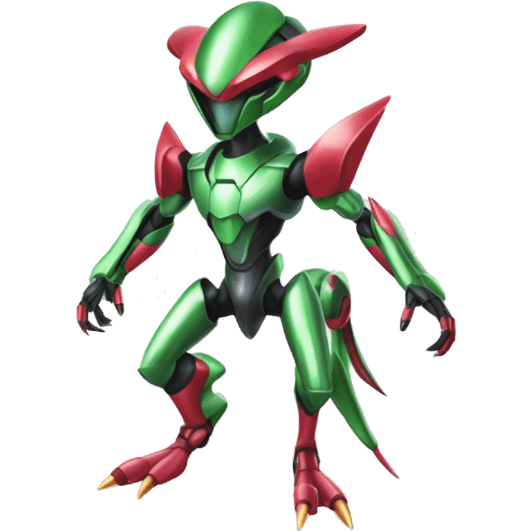 a shiny metallic Genesect-Flygon-Raptor-Fakémon-Medabot-hybrid with a futuristic visor-helmet full body emoji