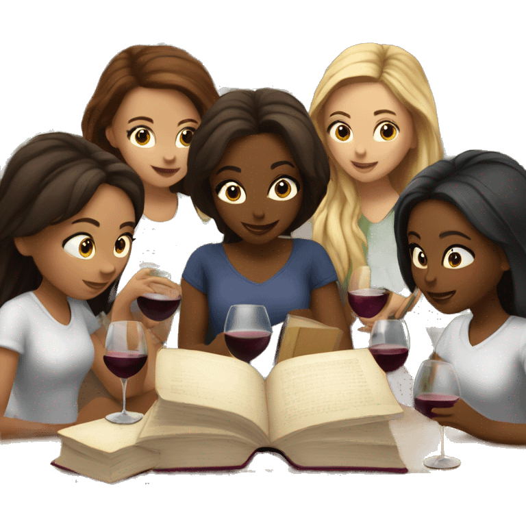 group of girls with wine reading books emoji