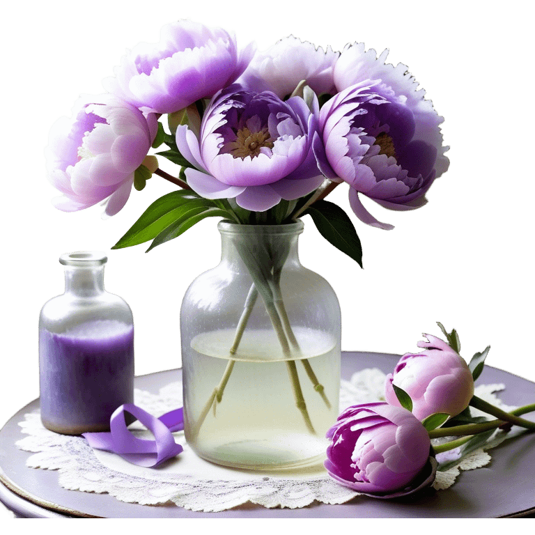 A vintage glass bottle with a slightly uneven surface holds a collection of pastel purple peonies, their petals unfolding in soft layers. A hand-dyed violet ribbon wraps around the neck of the bottle, its edges slightly frayed. Light passes through the dusty glass, casting shadows of overlapping petals onto a lace-covered table. A few loose petals rest nearby, their color fading toward the edges." emoji