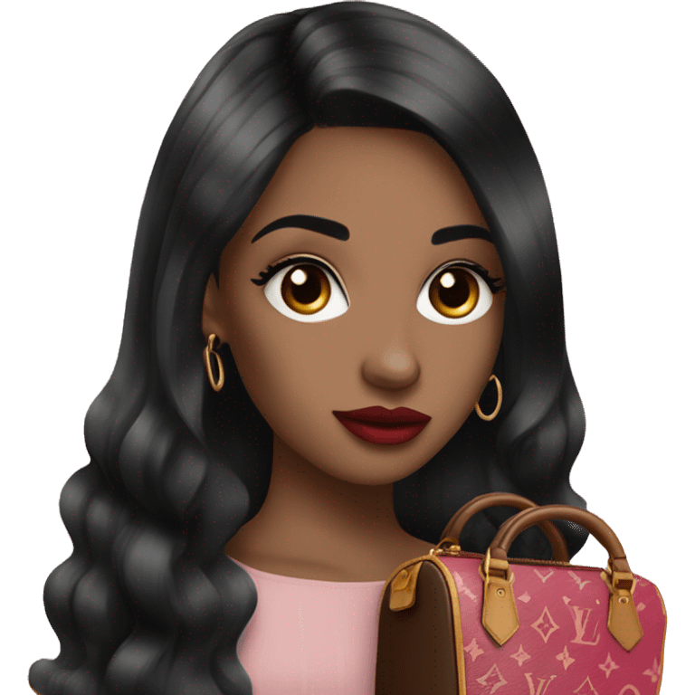 black haired Girl with eylashes, rose lipstick, straight hair and louis vuitton bag emoji