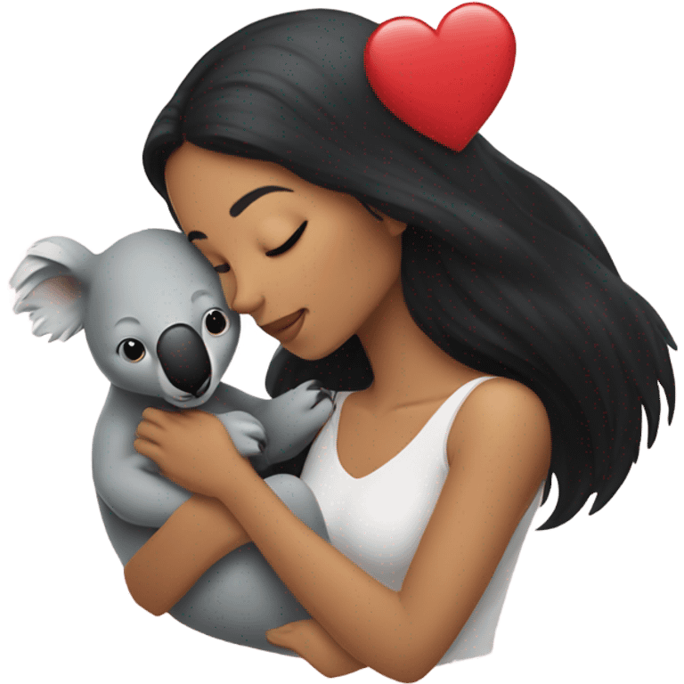 black hair women holding a koala and kissing him  with hearts around them  emoji