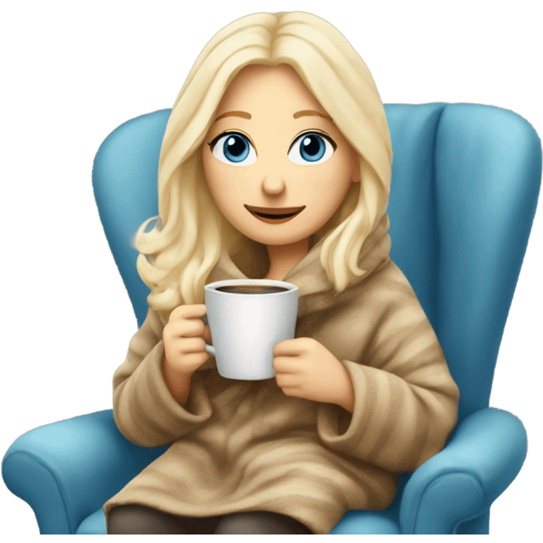 Blonde hair blue eyed white girl covered in blanket winter vibe sitting on a cozy chair holding coffee emoji