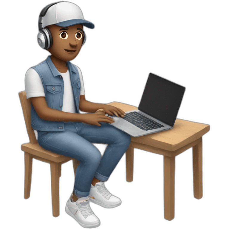 white man with headphones, denim shorts and a cap using a laptop emoji