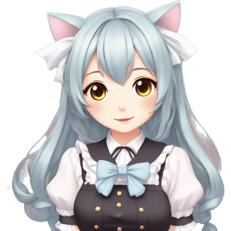 Gorgeous anime style catgirl with blushing face with maid outfit bow tie idol model kawaiicore pearly petite simplistic aesthetic trending style emoji