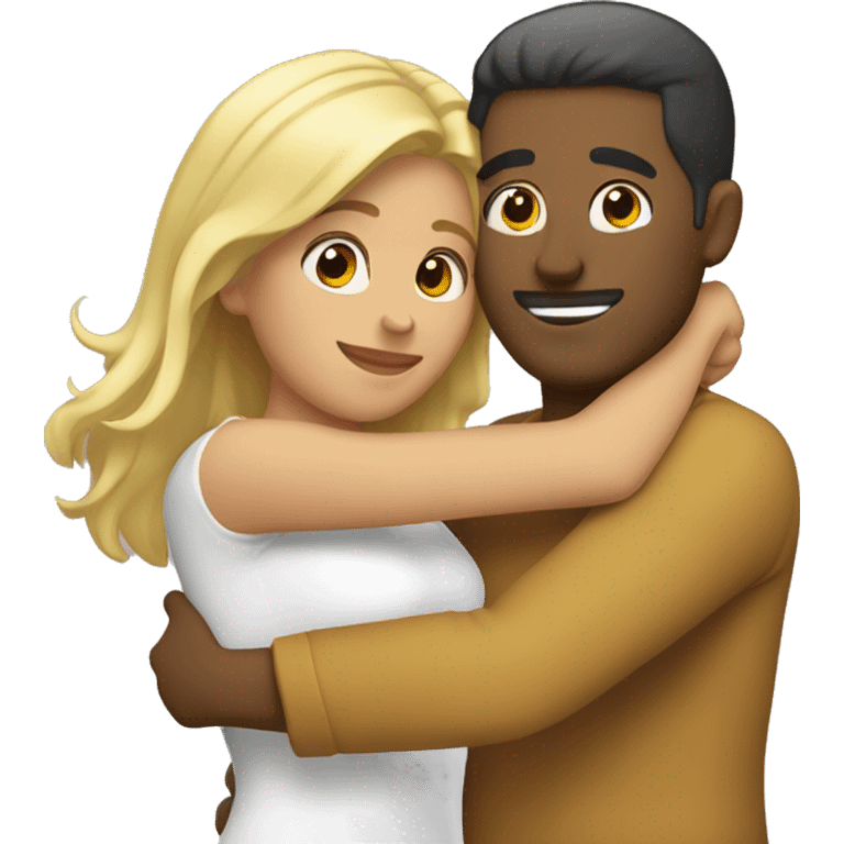 Blond man and hispanic woman hug each other emoji