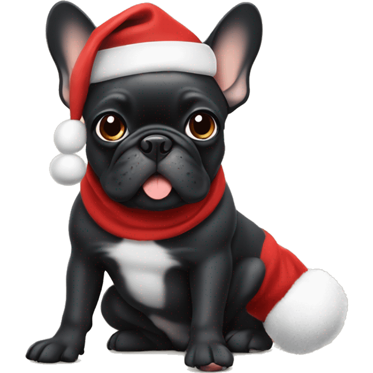 Mostly Black frenchie with tan paws wearing Santa hat and sitting emoji