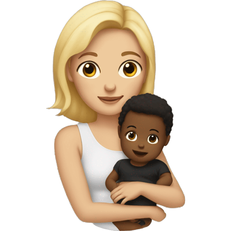 Blonde woman holding her light brown headed toddler and her black headed baby emoji