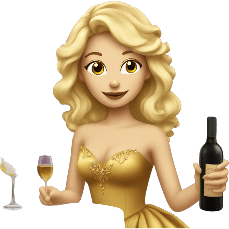 beautiful blond princess in a golden dress drinking wine emoji