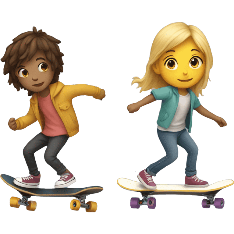 A young person on a skateboard is pushed by another emoji