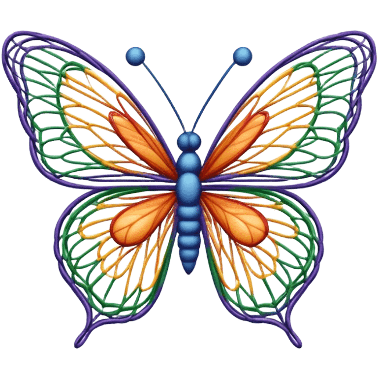 String art icon, colorful butterfly made with threads, wings formed by intricate thread patterns, body of the butterfly with visible thread ball structure, minimalistic style, clean lines, transparent background. emoji