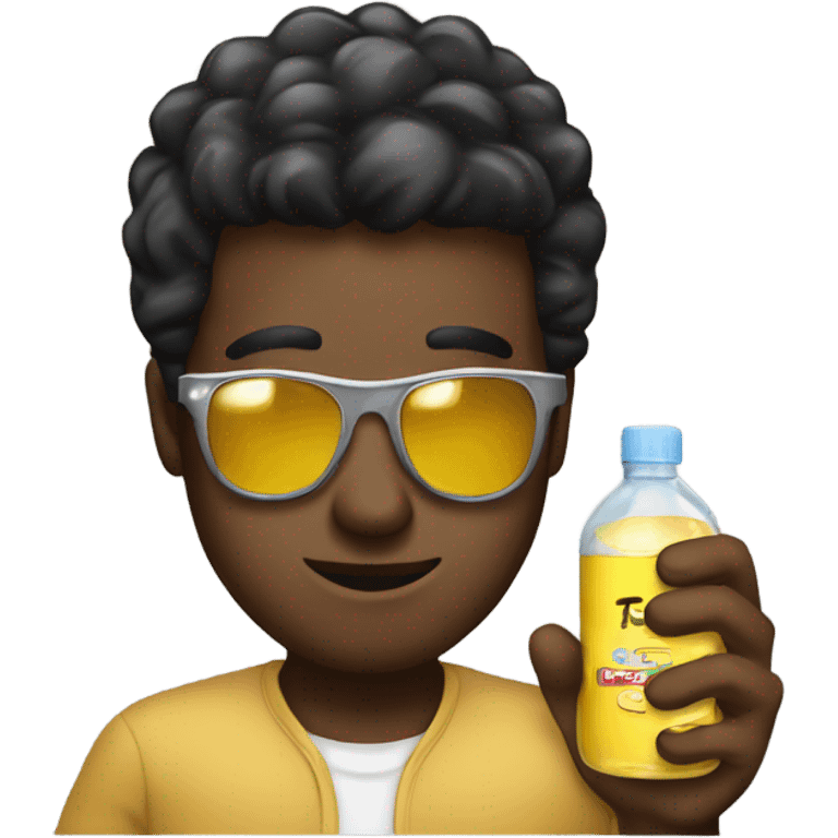 A man that black with sunglasses holding baby oil emoji