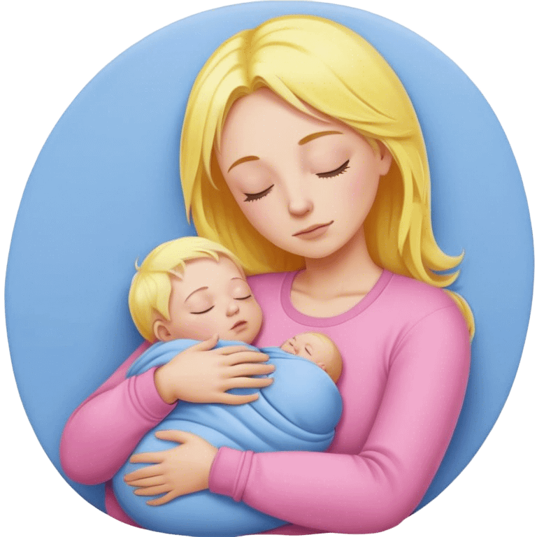 Mother is holding a baby, the mother has yellow hair and pink clothes, the baby is sleeping in blue clothes emoji