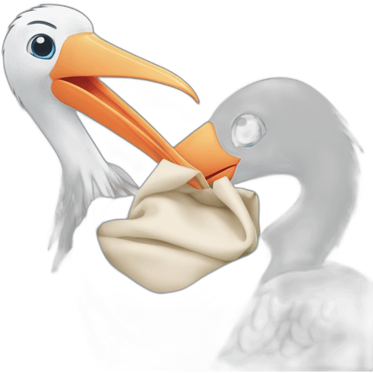 White stork carrying a blue bundle of cloth in its beak that has a human person cute baby human and the human baby head is peeking from the fabric bundle the strok is carrying in its beak emoji