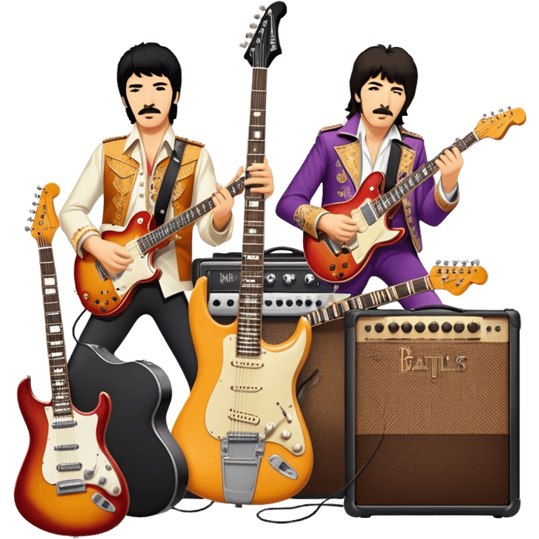 Rock music icon: collage of legendary rock stars—The Beatles, Jimi Hendrix, Elvis Presley, Queen, Nirvana, Led Zeppelin. Electric guitars, amplifiers, and microphones surrounded by vibrant stage lights and musical notes. Transparent background. emoji