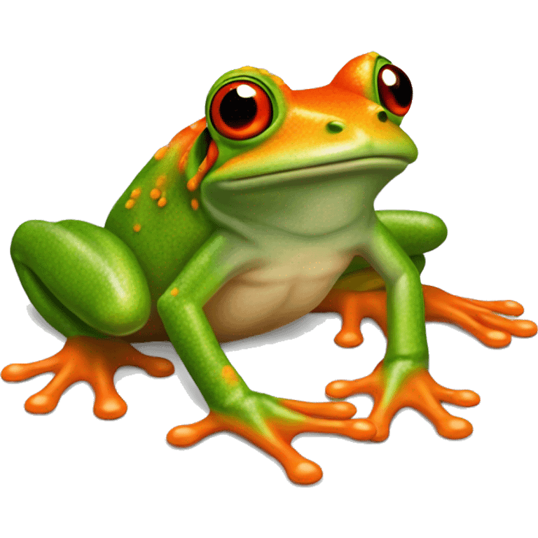 Redeyedtrefrog, red eyes, bright green body,orange feet more realistic to the real frog emoji