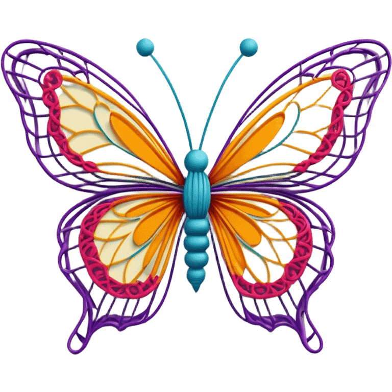 String art icon, colorful butterfly made with threads, wings formed by intricate thread patterns, body of the butterfly with visible thread ball structure, minimalistic style, clean lines, transparent background. emoji