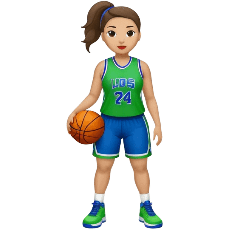 Full Body light skin Latino plus size women basketball player wearing blue and green uniform emoji