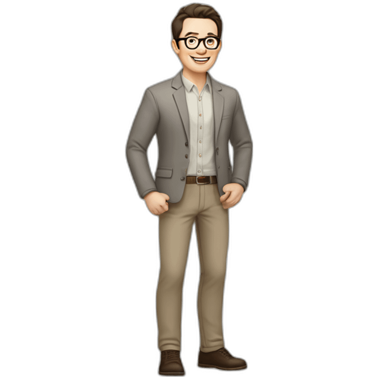 Joyful Full height Pale skinned Fit Man With dark brown hair in gray jacket, beige office shirt, Brown pants and vintage glasses. His thrumbs up emoji