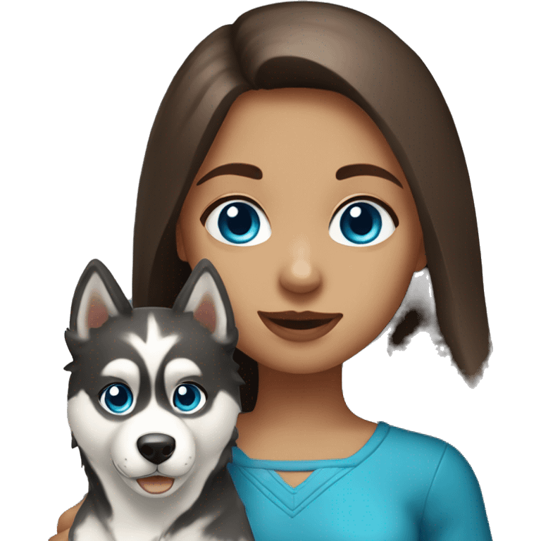 A girl with Brown long hair and blue eyes holding a husky  emoji