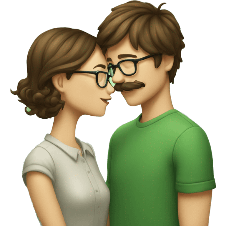 A boy with brown hair and a mustache is kissing a girl wearing glasses and her hair is green emoji