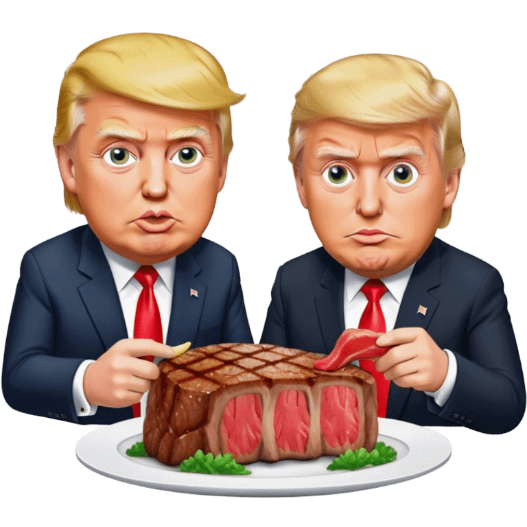 photorealistic Donald Trump and Macron eating a steak shaped like an piece of land emoji