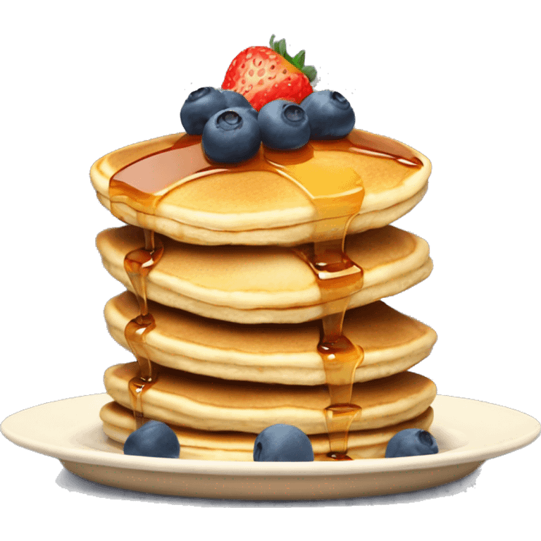 a stack of pancakes on a plate with syrup snd a small slice of butter on top and on the plate leaning on the pancakes have a half of a strawberry and 2 blueberries emoji