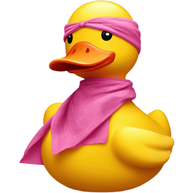 side view of yellow rubber duck with a pink bandana doing yoga emoji