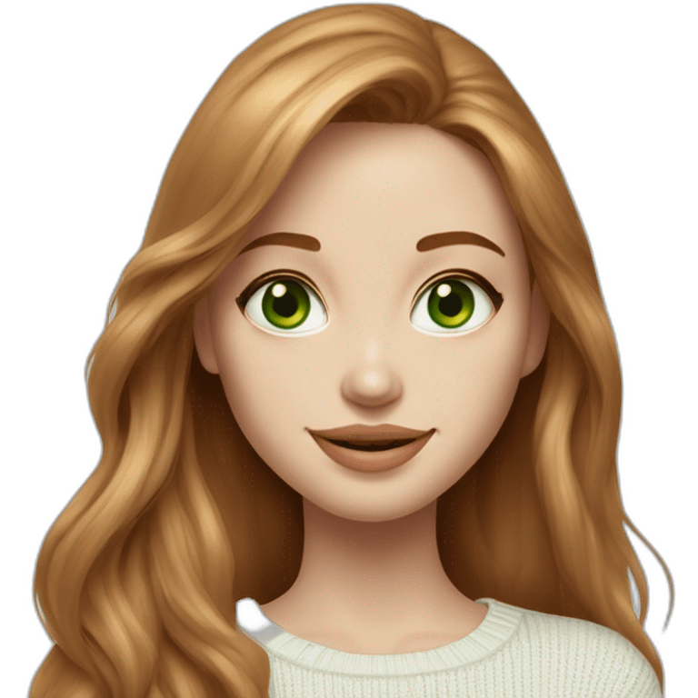 beautiful girl, white, with long loose wavy hair, ginger hair,light green eyes, looks like Angelina Jolie, smiles at the camera, good teeth, white sweater, realistic drawing emoji