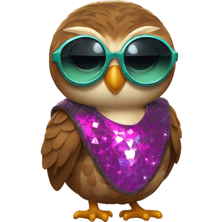 a rowlet brown owl emoji with sunglasses and a 80s disco outfit on emoji