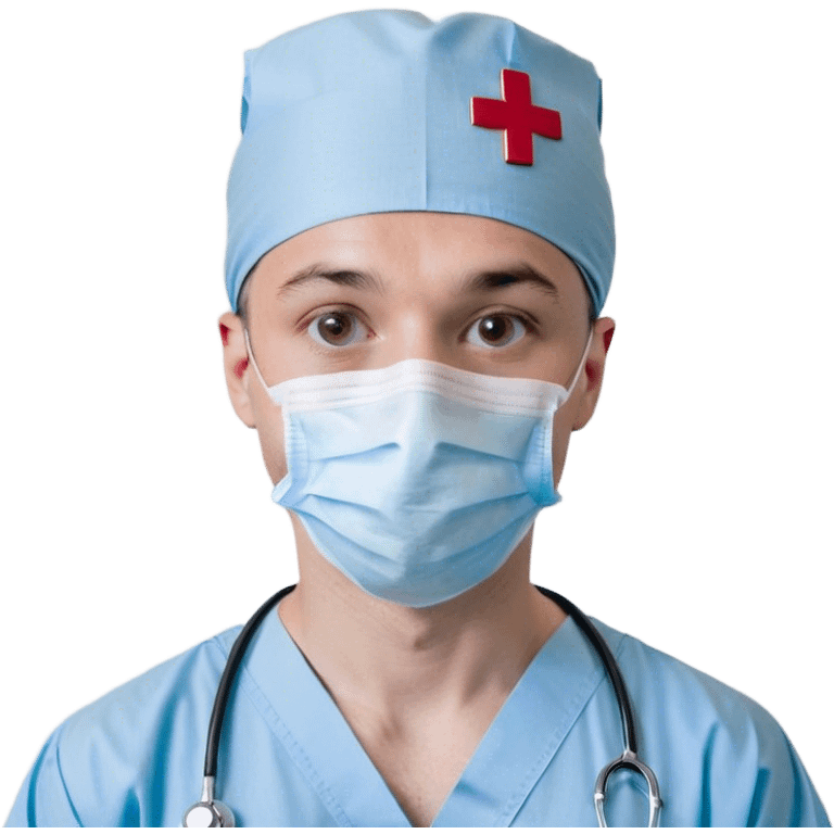 A simple and clean bust of a male surgeon wearing light blue surgical scrubs and a matching surgical cap. A minimalistic white mask covers his mouth and nose, leaving only his focused eyes visible. A small red cross emblem is subtly placed on his chest. A thin, smooth stethoscope drapes around his neck. His expression is calm and professional, reflecting precision and expertise. Behind him, a faint, abstract medical symbol (such as a heartbeat line or a surgical scalpel icon) subtly reinforces the surgical theme. The overall style is modern, sleek, and minimalistic, using smooth lines and soft shading. emoji