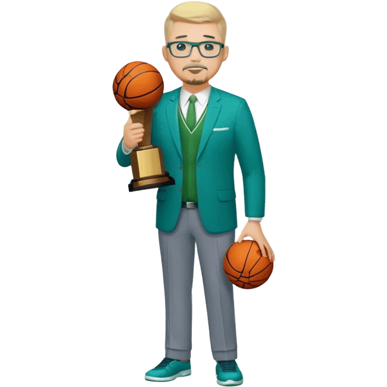 Full Body white male plus size body type  wearing glasses with a goatee with light blonde gray very short hair basketball head Coach in blue and green suit holding trophy emoji