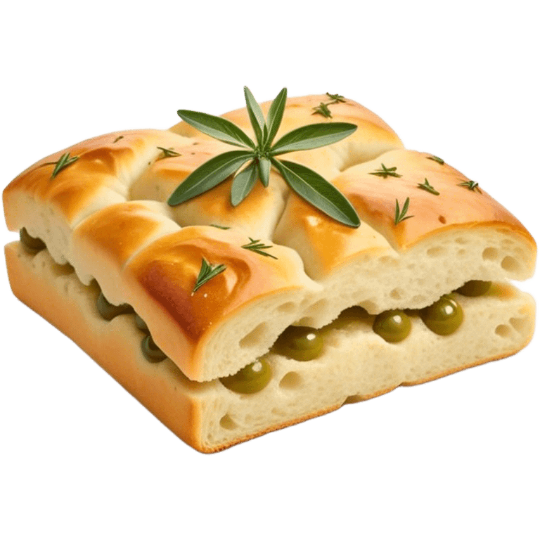 Cinematic Realistic Focaccia Bread Dish Emoji, depicted as a golden, olive oil brushed flatbread sprinkled with herbs rendered with lifelike texture and soft, appetizing lighting. emoji