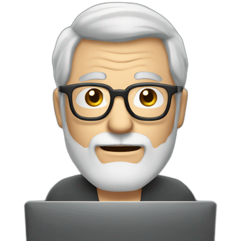 old man with grey hair and beard and glasses sitting at a desktop with computer emoji