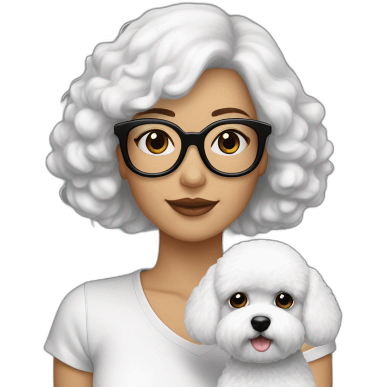 mujer piel blanca cabello negro largo con gafas  y perro bichon blanco emoji