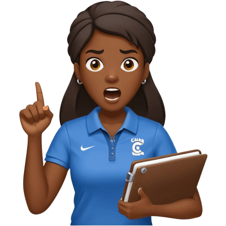 yelling female sport coach with coach wear(with LockIn written on it) and holding a notebook emoji