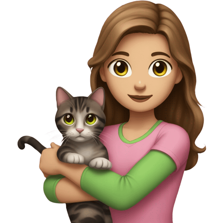 girl with brown hair and hazel eyes, wearing a pink shirt, and holding her brown and black tabby cat with green eyes. only from the chest up visible emoji