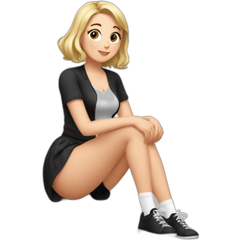 Front view full body curvy caucasian beauty sitting straight hands up black skirt white knickers white socks emoji