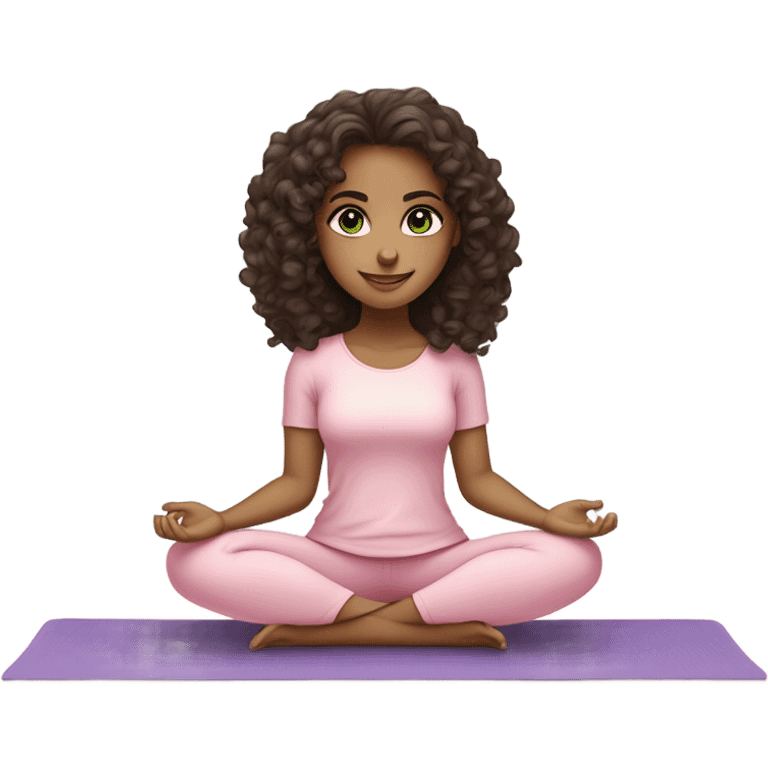 Dark brown long curly hair and green eyes yoga beautiful girl in light pink pink pink clothes sitting on a yoga mat emoji