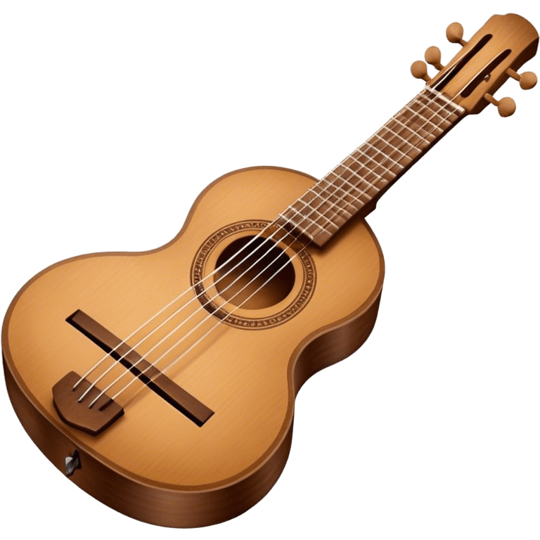 Create an elegant and traditional emoji representing a domra. The design should feature the round, wooden body of the domra with its distinct three or four strings. Include delicate details like the tuning pegs, the fingerboard, and the bridge. The wood of the domra should have a rich, warm tone, and the strings should be subtly highlighted to show their importance. Add a small musical note or two floating around to evoke the folk music it is used for. Use earthy tones like brown and gold to emphasize its classic, rustic feel. The background should be transparent. emoji