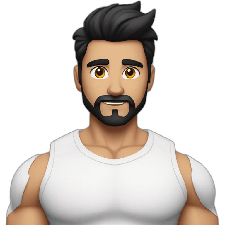 close up of white skin indian in plain white shirt with sleeve up and quiff black hair style and beard and muscle body emoji