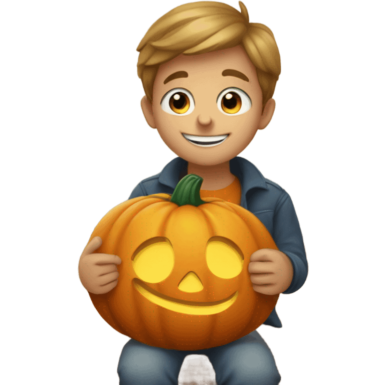 blue eyes boy sitting with pumpkin smile emoji