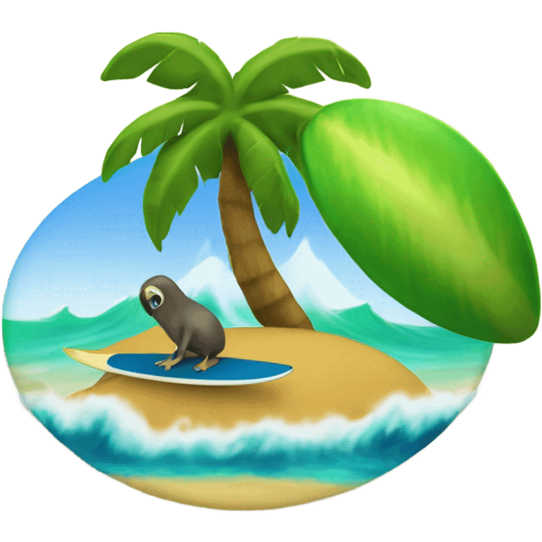 A kiwi a surfboard and an island emoji